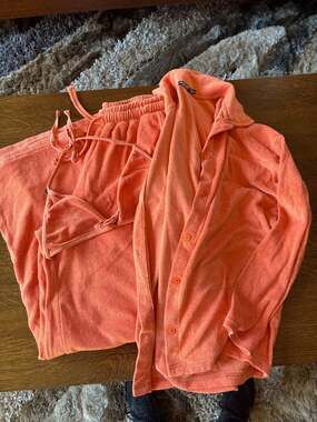 Nasty Gal 3-Piece Orange Terry Cloth Lounge Set - Shirt, Pants, & Bikini Top [4]